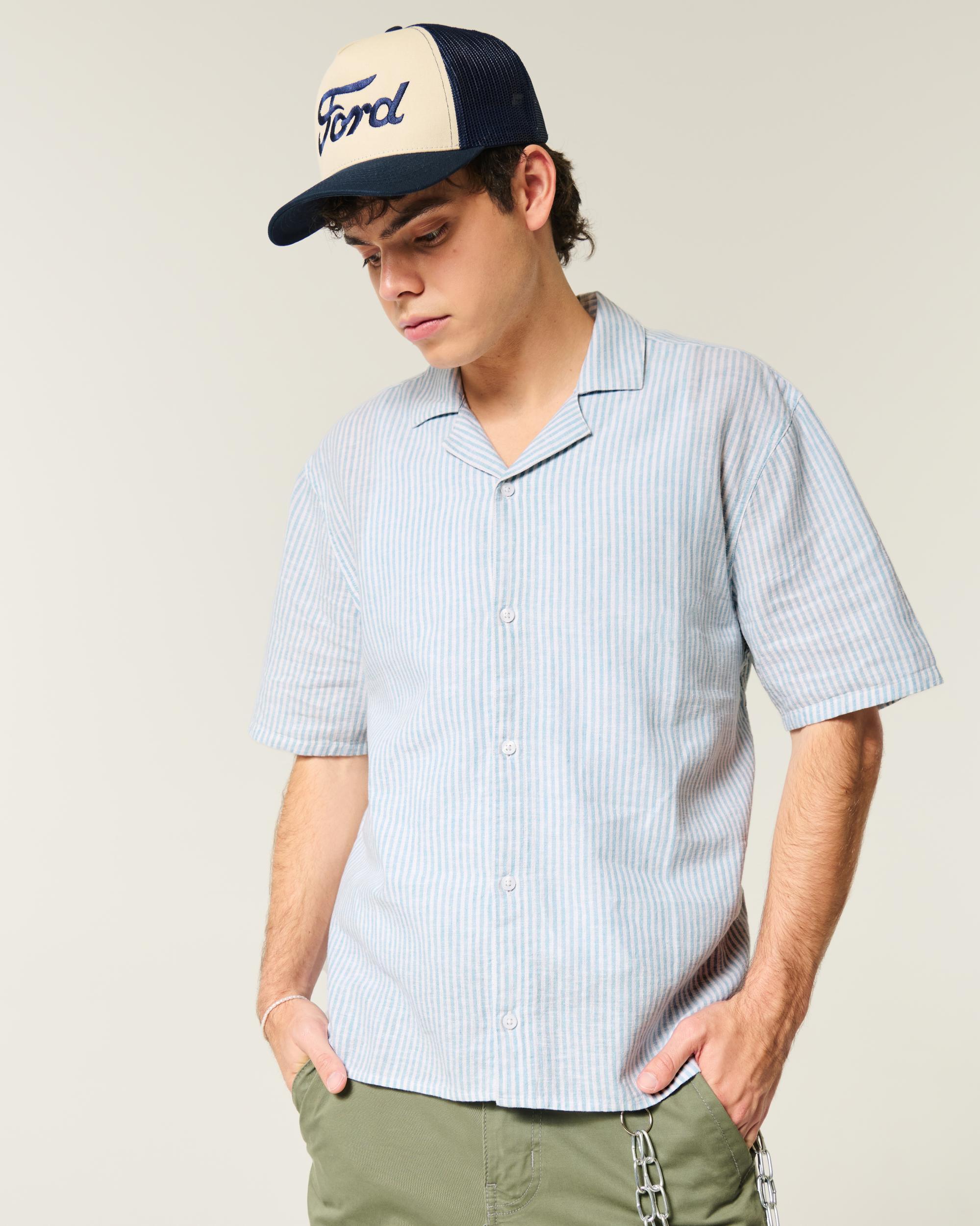 Boxy Short-Sleeve Linen-Blend Shirt Product Image