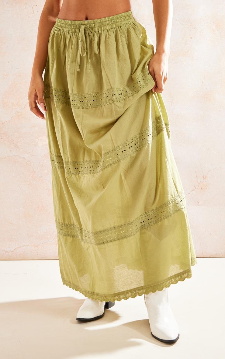 Khaki Cotton Lace Detail Maxi Skirt Product Image