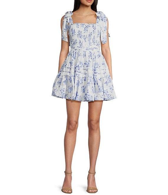 B. Darlin Floral Print Tie Strap Smocked Bodice Fit & Flare Dress Product Image