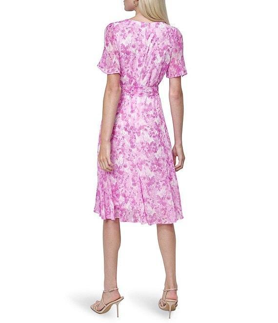 DKNY by Donna Karan Floral Printed Round Neckline Short Sleeve Tie Waist Midi Dress Product Image