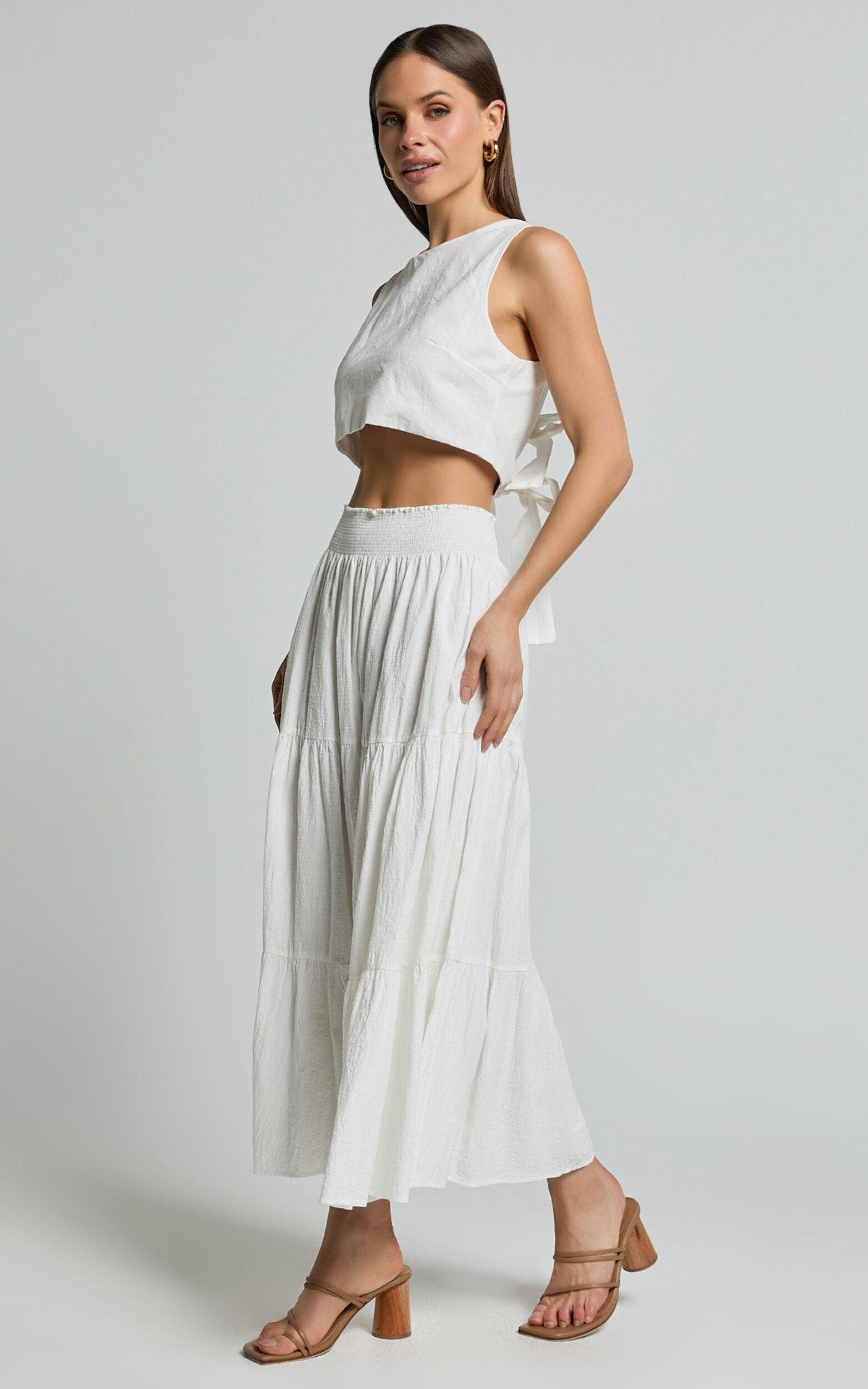 Ruby Midi Skirt - Shirred High Waist Cotton Tiered Skirt in Off White Product Image