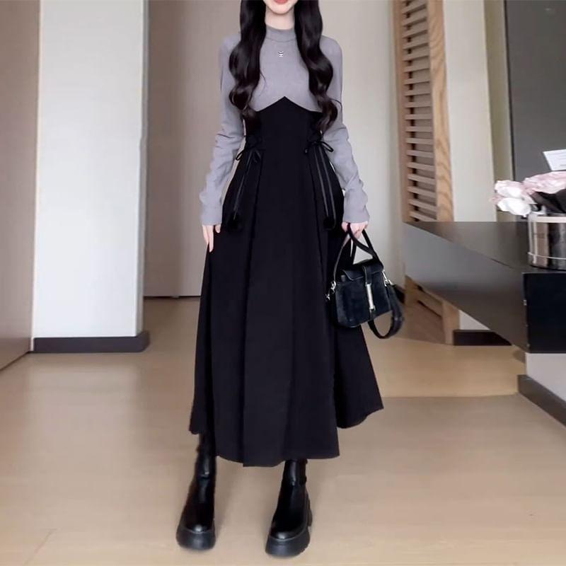 Mock Two-Piece Long-Sleeve Two Tone Midi A-Line Dress Product Image