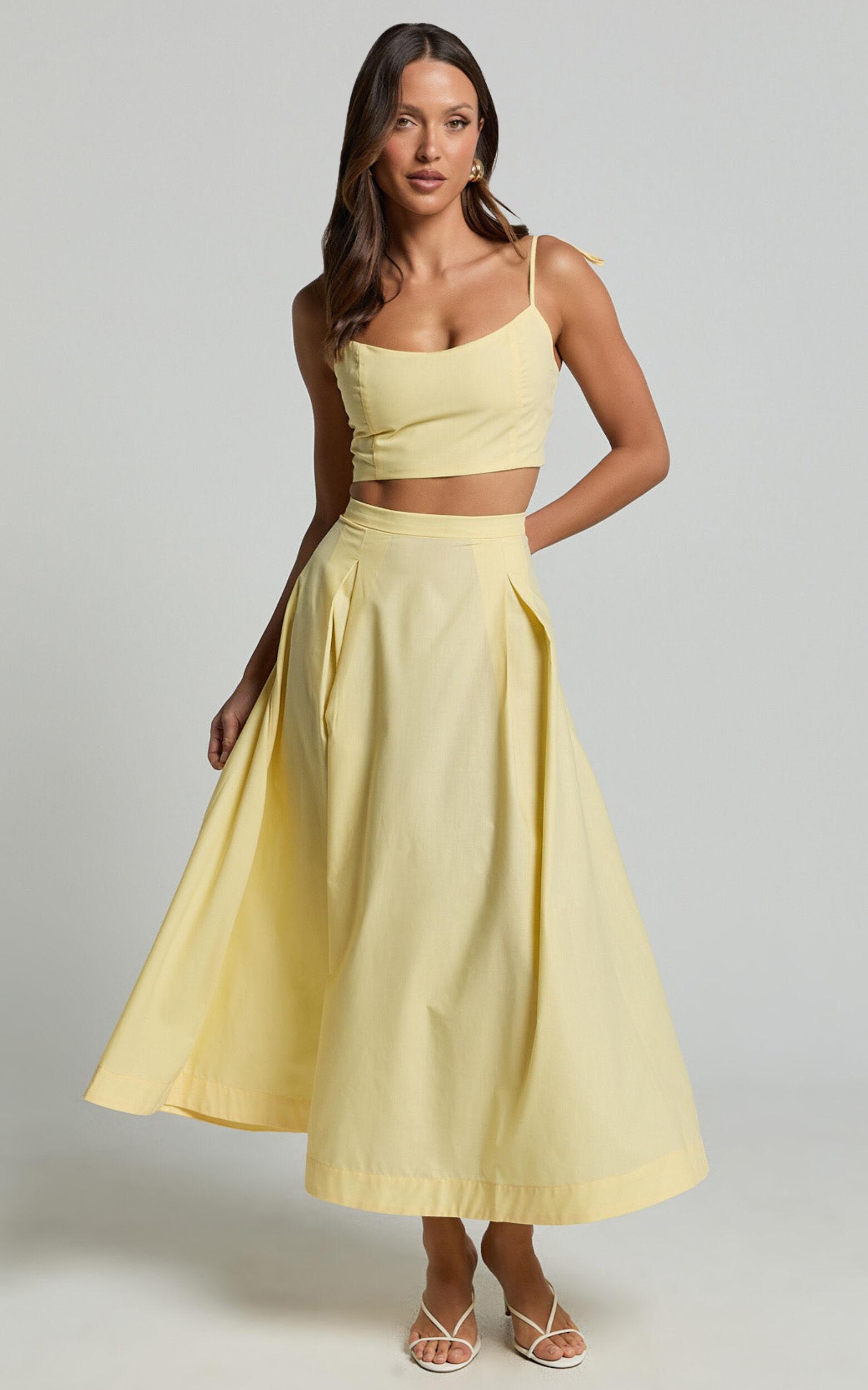 Rosalee Two Piece Set - Strappy Crop Top and High Waisted A Line Midi Skirt Set in Yellow Product Image