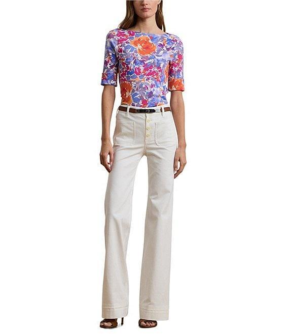 Lauren Ralph Lauren Stretch Cotton Floral Print Boat Neck Elbow Sleeve T-Shirt Product Image