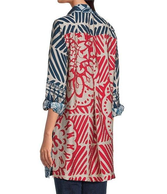 John Mark Medallion Abstract Print Point Collar Long Roll-Tab Sleeve Button Front Tunic Product Image