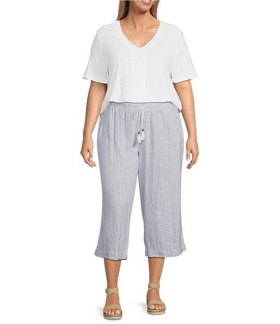 Westbound Plus Size Blue White Stripe Crop Linen Blend Pants Product Image