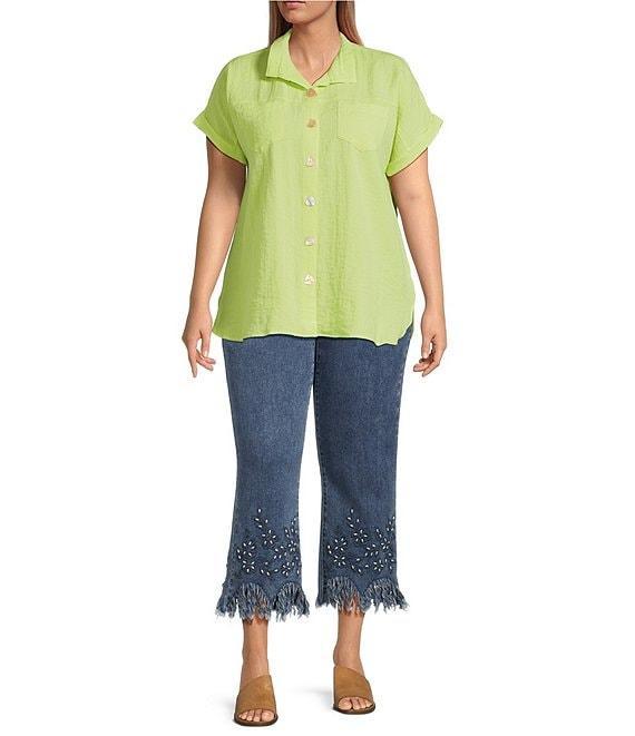 John Mark Plus Size Solid Wire Collar Short Dolman Sleeve Button Front Camp Shirt Product Image