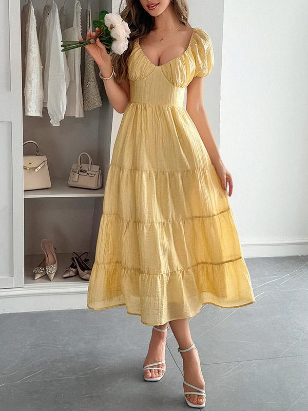 A-Line Loose Backless Pleated Solid Color Tied V-Neck Midi Dresses Product Image