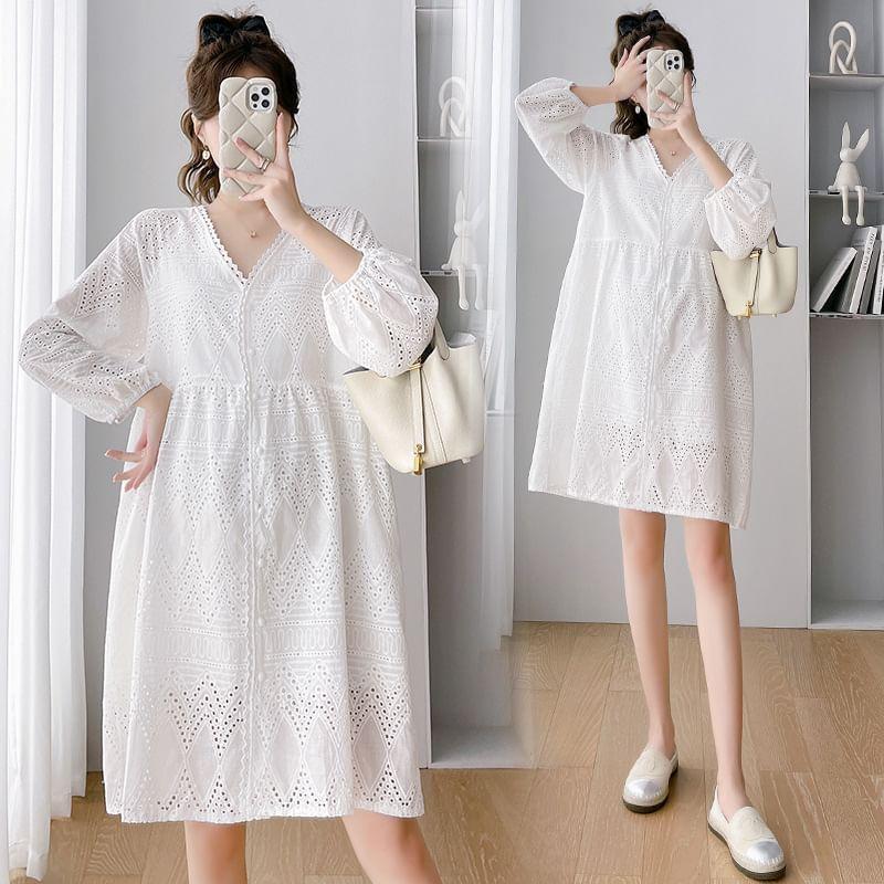 Maternity Puff-Sleeve V-Neck Plain Mini Dress Product Image