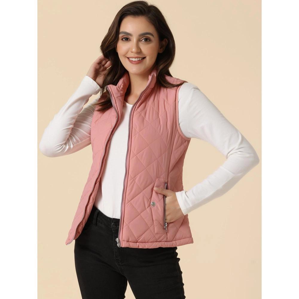 Allegra K Women's Stand Collar Lightweight Gilet Quilted Zip Vest Dusty Rose Medium Product Image