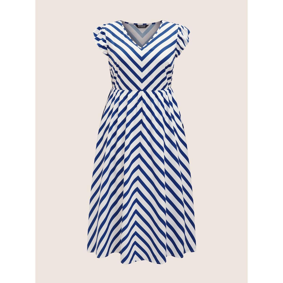 Plus Size Striped Elastic Waist Ruffle Cap Sleeve Dress DarkBlue Women Casual Ruffles V-neck Cap Sleeve Curvy BloomChic 14-16/1X Product Image