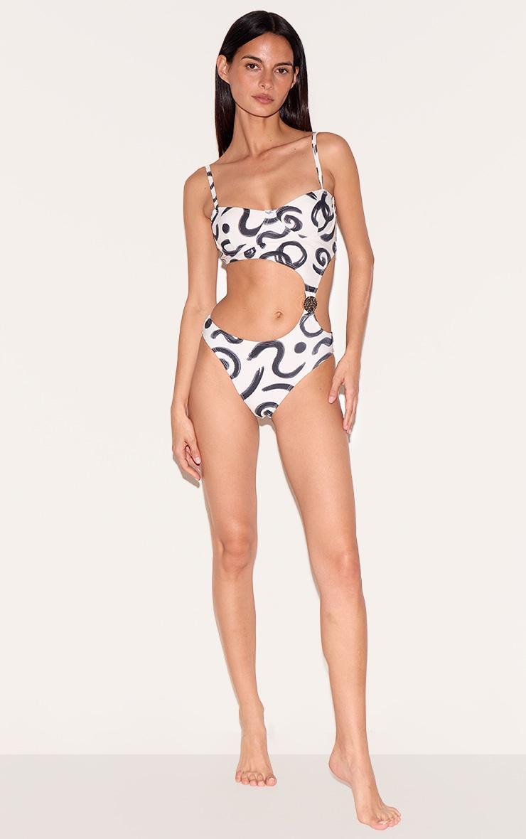 Monochrome Swirl Print Underwired Cut Out Swimsuit Product Image