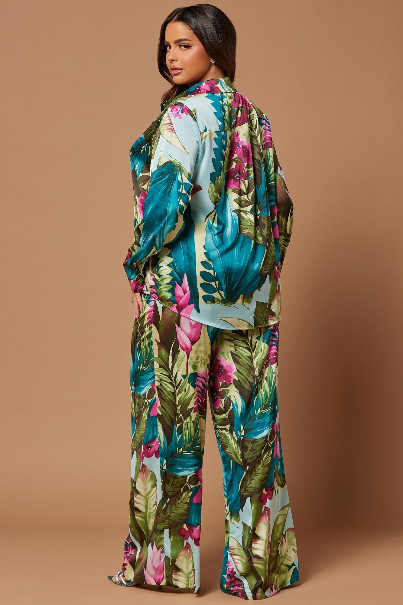 Kyoto Satin Pant Set - Green/combo Product Image