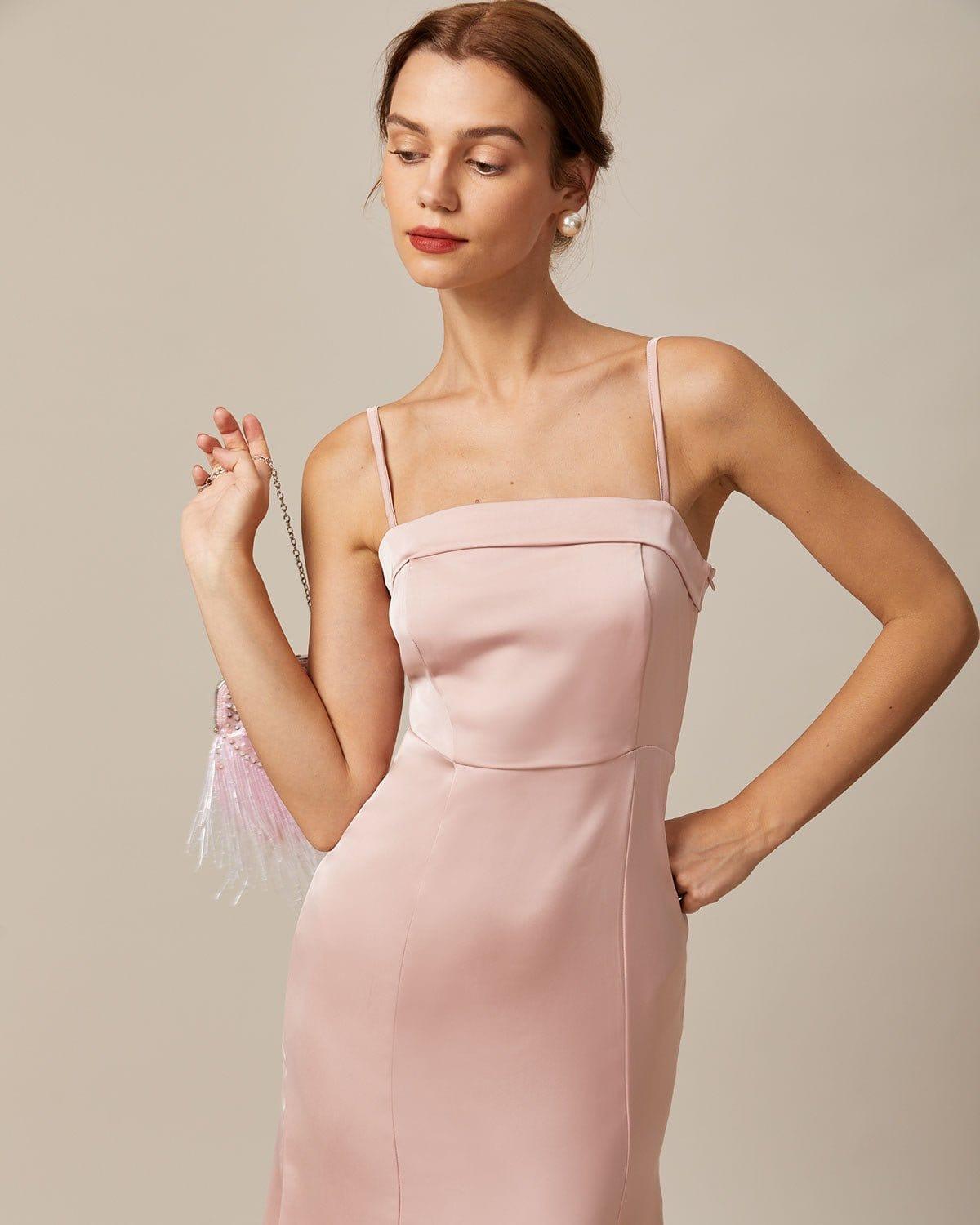 The Pink Bodycon Satin Cami Midi Dress Product Image