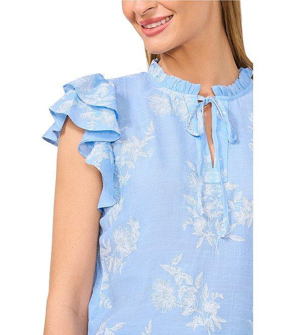CeCe Woven Floral Print Split Round Neck Flutter Sleeve Tie Front Blouse Product Image