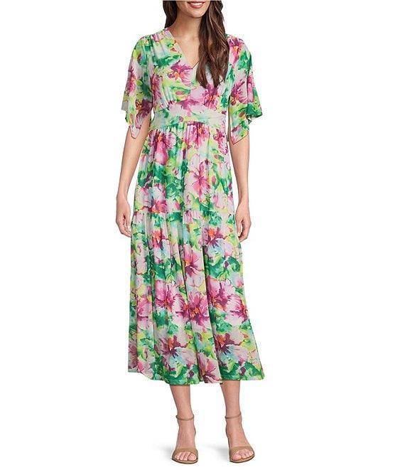 Calessa Stretch Mesh Abstract New Floral Print V-Neck Short Sleeve Empire Waist Tiered Dress Product Image