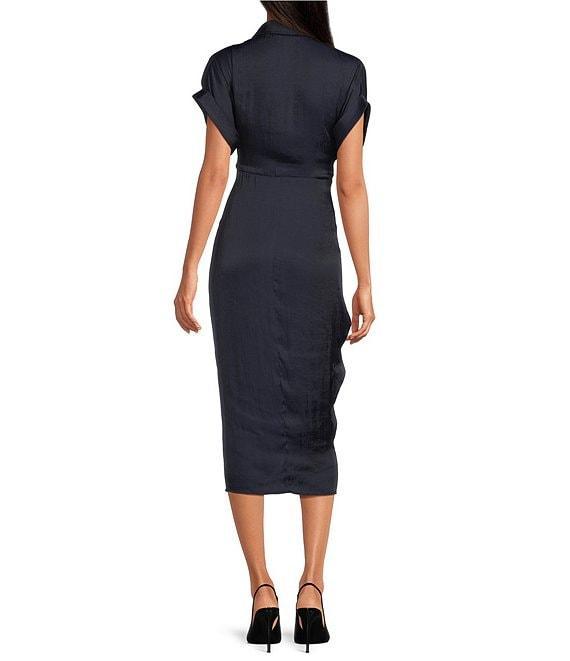 Steve Madden Tori Satin Point Collar Short Kimono Cuff Sleeve Belted Ruched Front Asymmetrical Hem Midi Shirt Dress Product Image