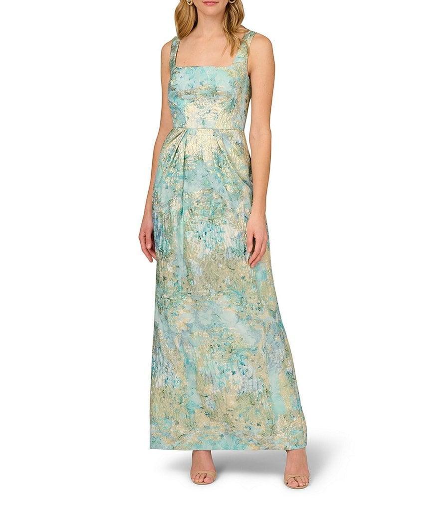 Aidan Mattox Printed Jacquard Square Neck Sleeveless Ruched Gown Product Image