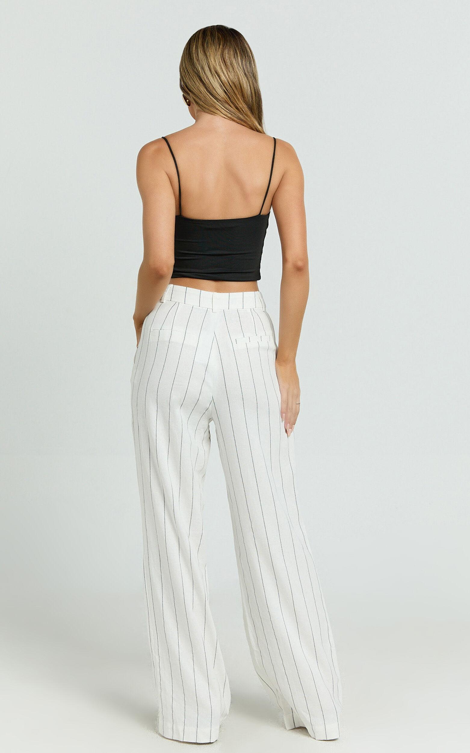 Trixie Pants - High Waist Linen Look Stripe Tailored Pants in Off White Product Image