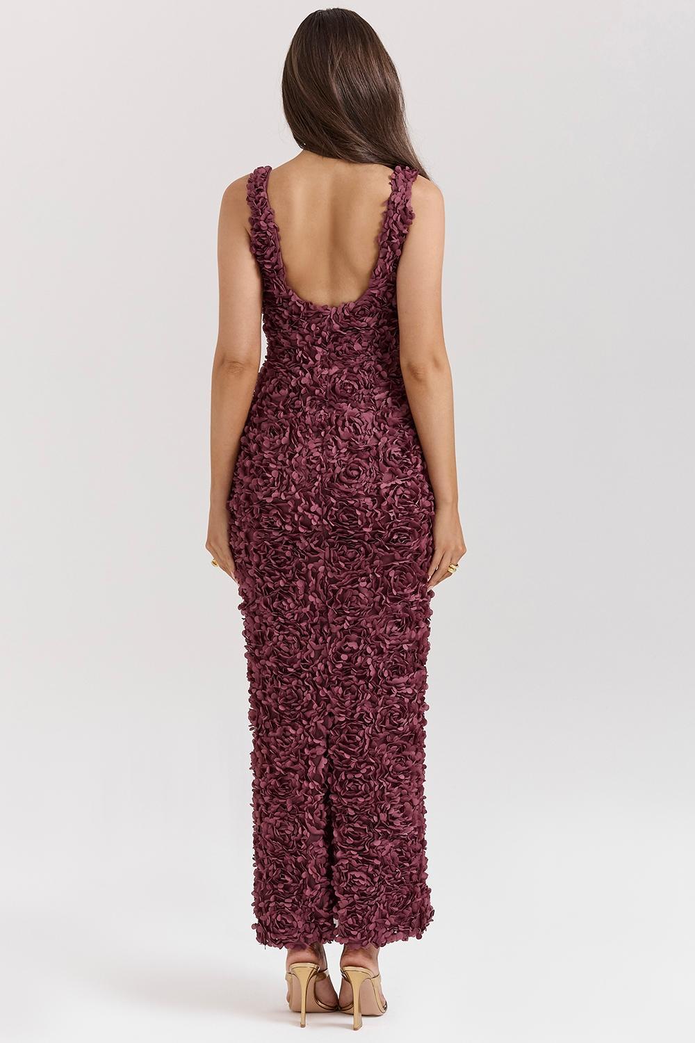 Carena  merlot plunge floral appliqué maxi dress Product Image