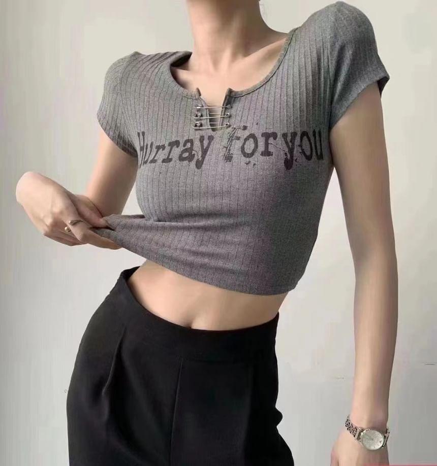 Short-Sleeve Lettering Safety Pin Ribbed Crop T-Shirt Product Image