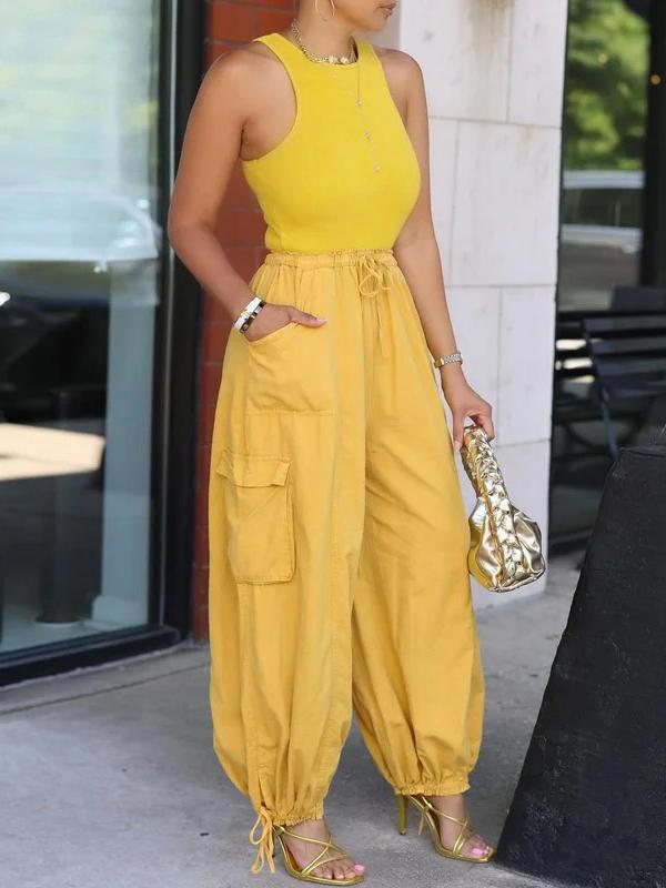 Loose Drawstring Elasticity Pockets Solid Color Casual Pants Bottoms Cropped Trousers Trousers Product Image