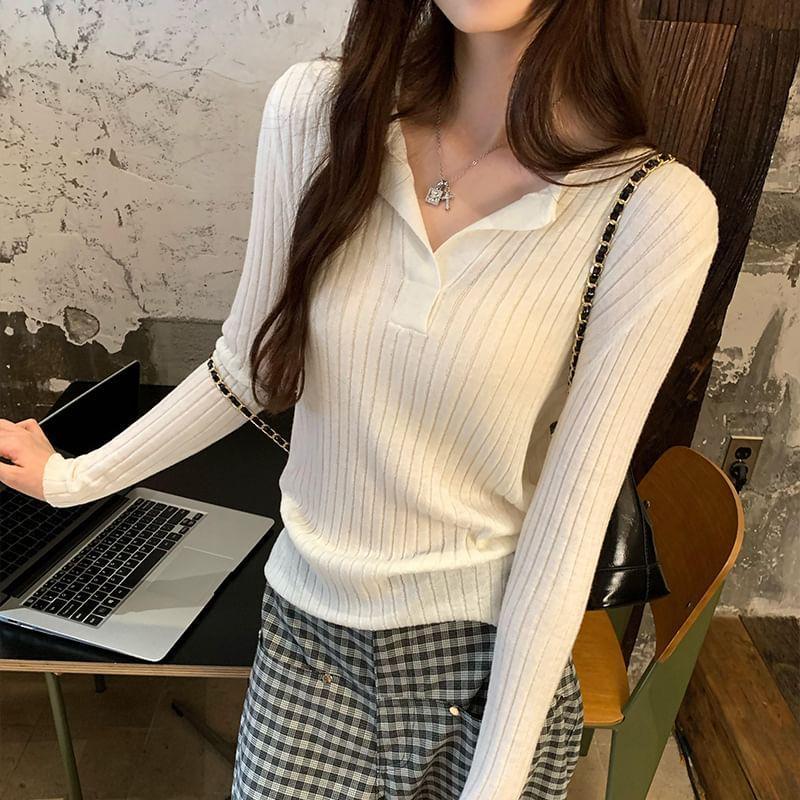 Long Sleeve Open Placket Plain Ribbed Knit Top Product Image