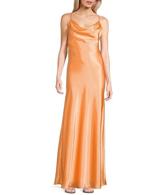 Morgan & Co. Sleeveless Long Spaghetti Strap Charmeuse Draped Front And X Back Long Dress Product Image