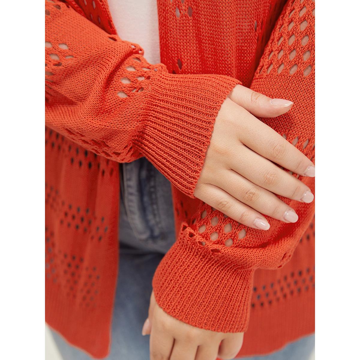 Plus Size Plain Open Front Elastic Sleeve Cut Out Cardigan Scarlet Women Casual Loose Long Sleeve Everyday Cardigans BloomChic 12/L Product Image