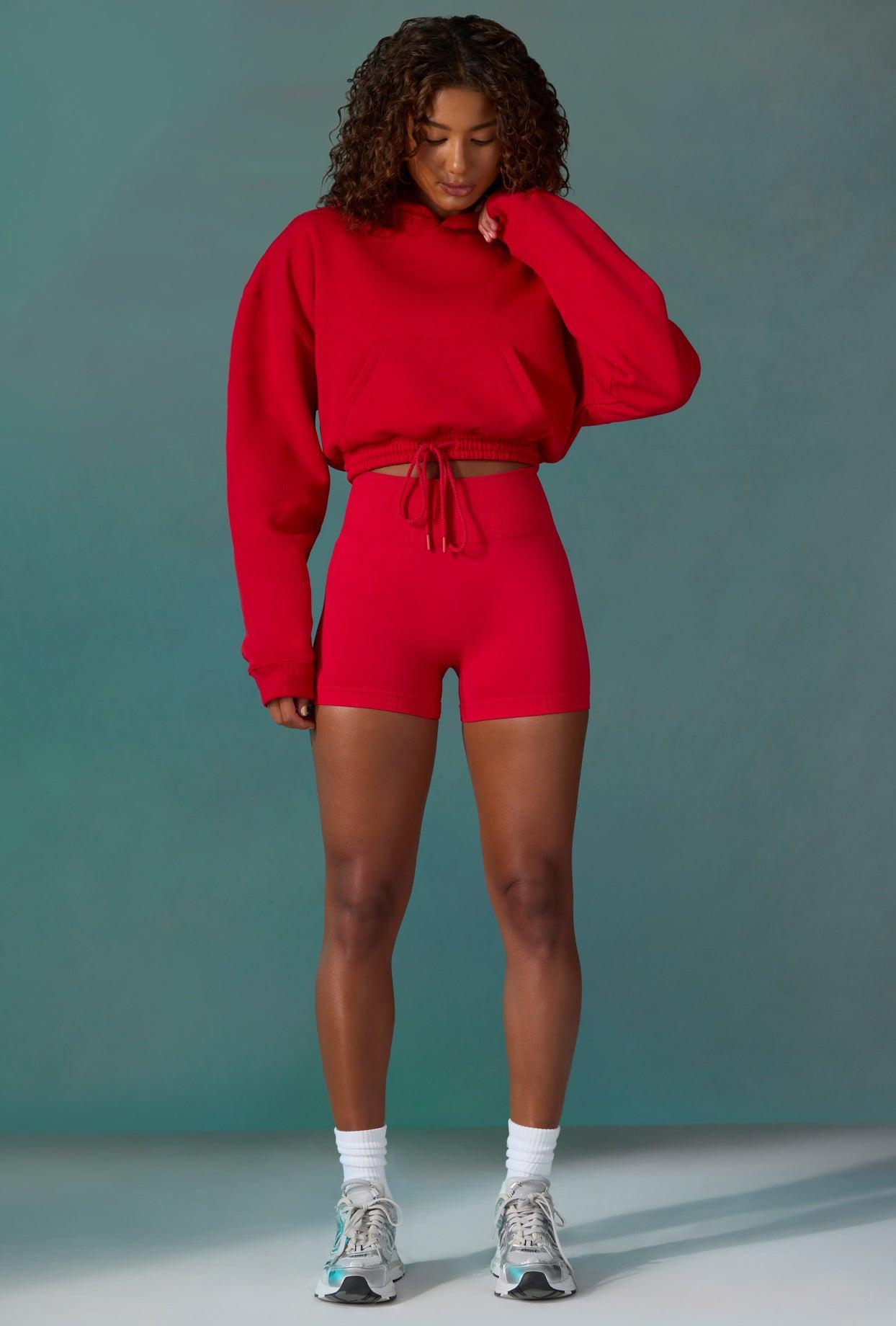 Cropped Drawstring Hooded Sweatshirt in Tango Red Product Image