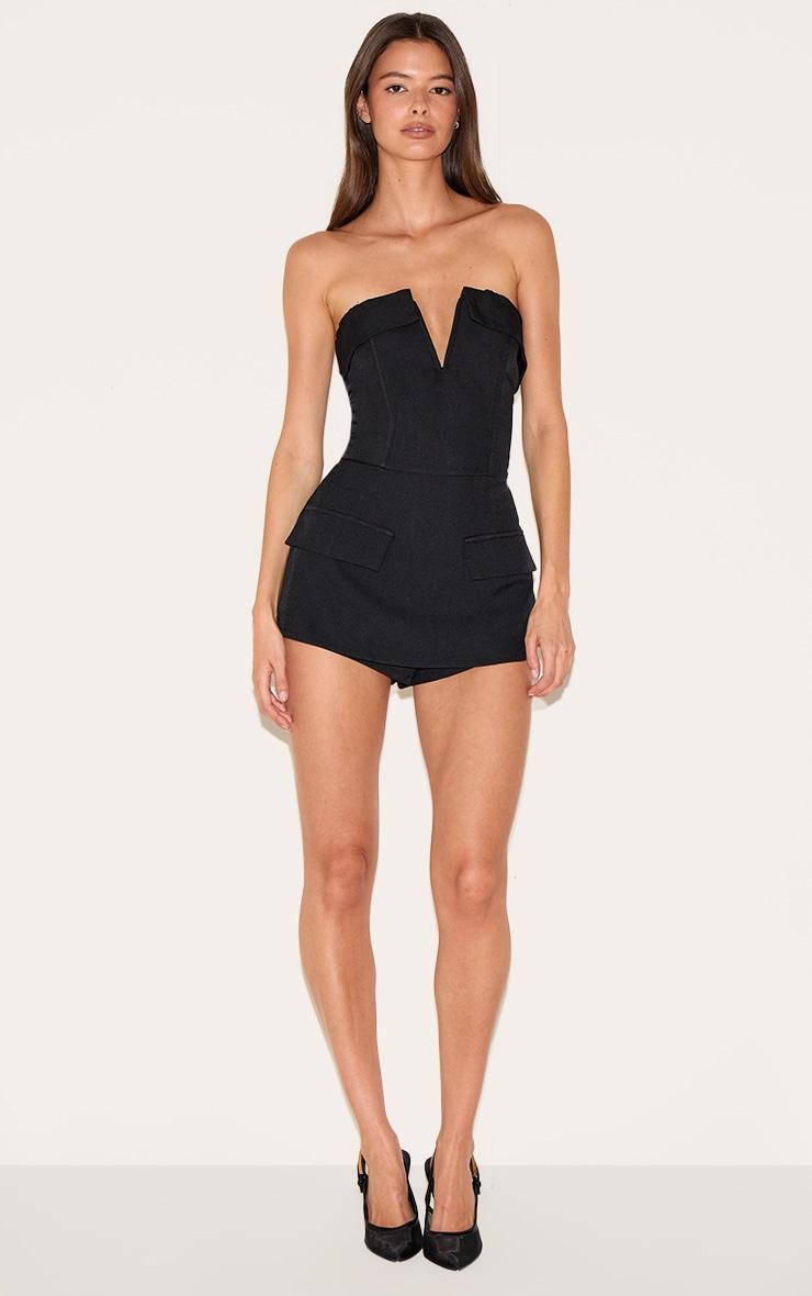 Black Structured Woven Corset Detail Bandeau Romper Product Image