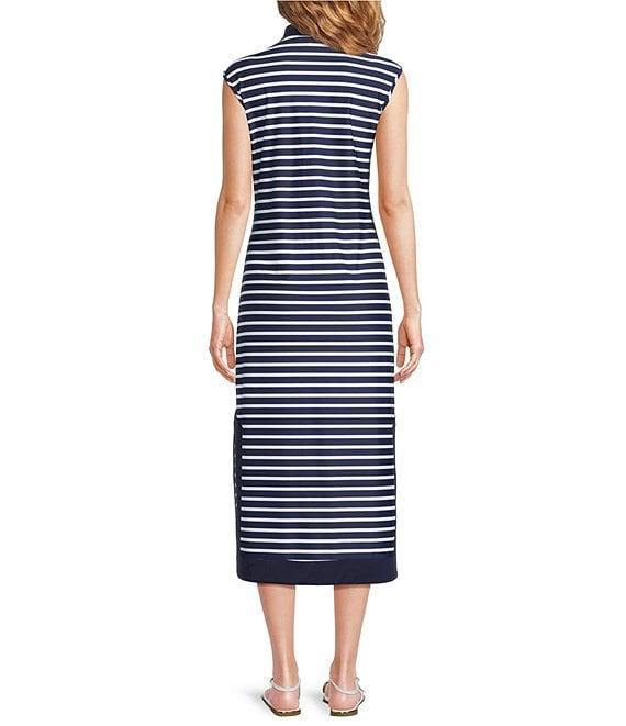 Jude Connally Kristen Striped Print Jude Cloth Stretch Knit Wrinkle-Free Split V-Neck Sleeveless A-Line Midi Dress Product Image