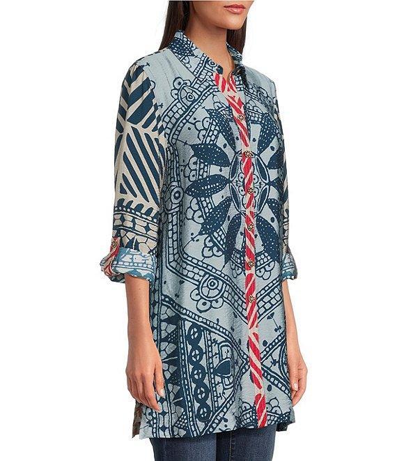 John Mark Medallion Abstract Print Point Collar Long Roll-Tab Sleeve Button Front Tunic Product Image