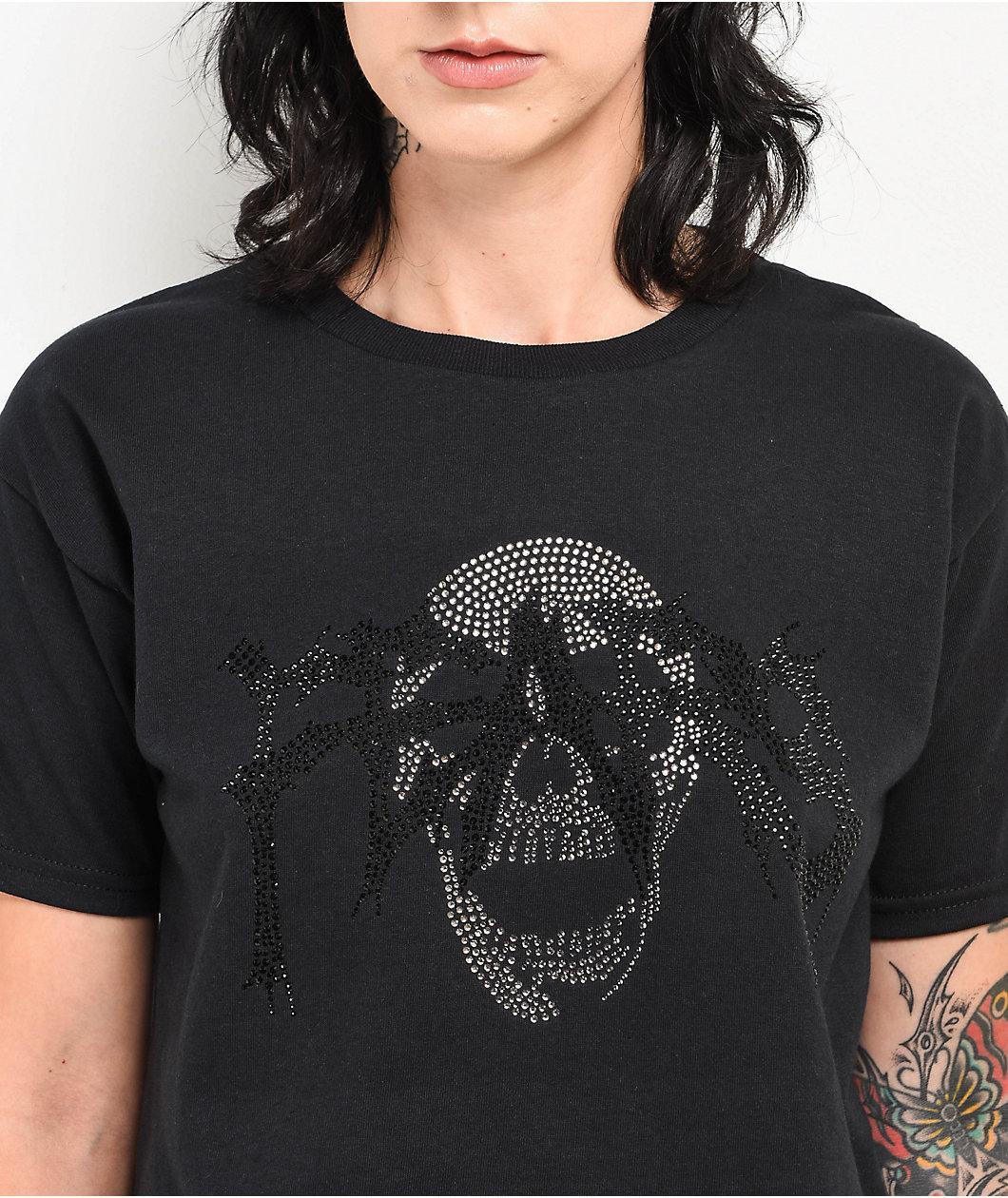 Personal Fears Tonal Rhinestone Skull Black Crop T-Shirt Product Image