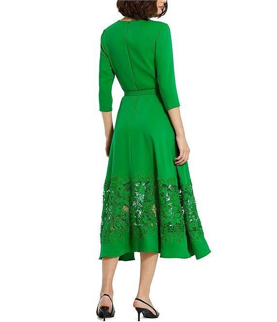 Mac Duggal Crepe Round Neck 3/4 Sleeve Applique Lace Belted Midi A-Line Dress Product Image