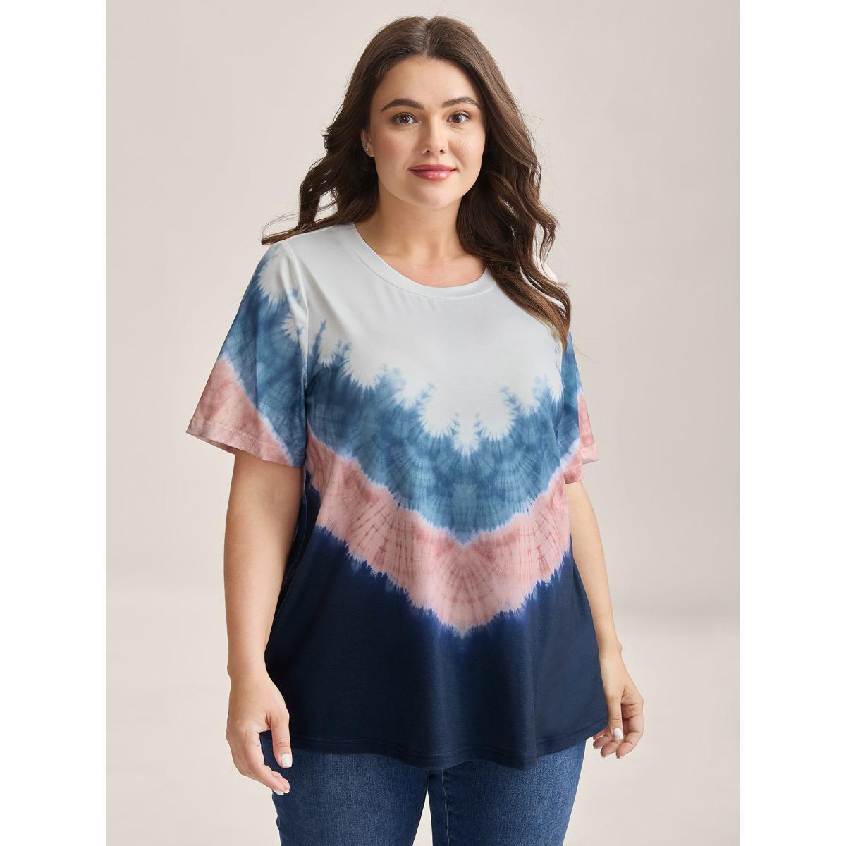 Plus Size Tie-Dye Print Round Neck T-Shirt Multicolor Women Contrast Round Neck Everyday-Casual T-shirts BloomChic 22-24/3X Product Image