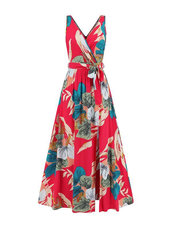 A-Line Loose Flower Print Pleated Split-Front Tied Waist V-Neck Maxi Dresses Product Image