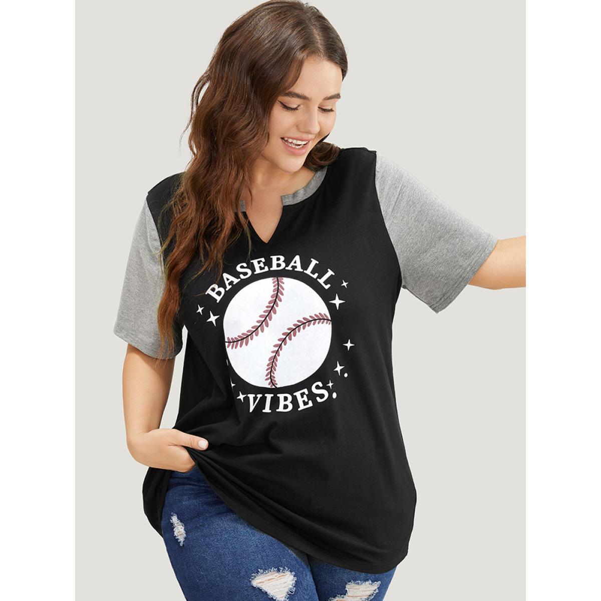 Plus Size Letter & Leaf Print Contrast Notched Neck T-shirt Black Women Casual Contrast Graphic Dailywear T-shirts BloomChic 22-24/3X Product Image