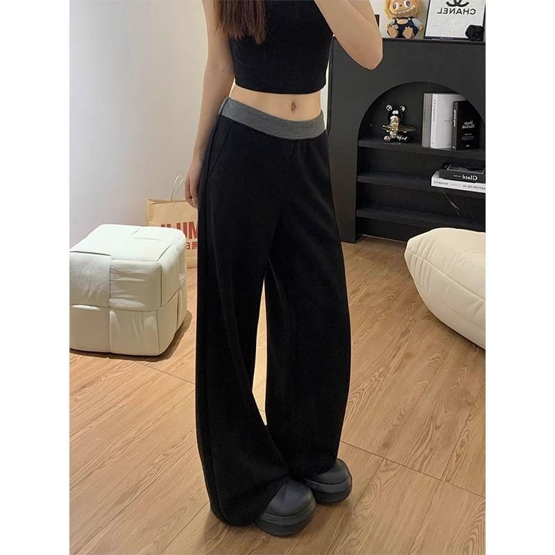 Mid Waist Two Tone Panel Wide Leg Sweatpants Product Image