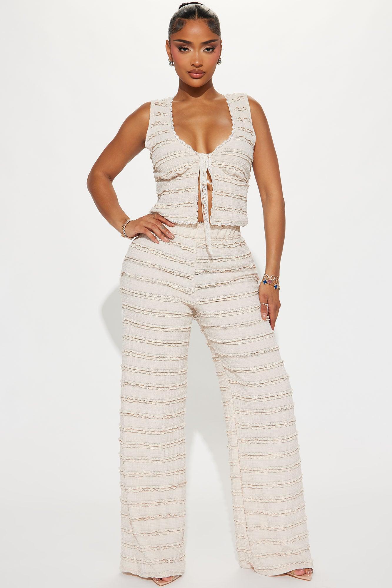 Sweet Embrace Ruffle Textured Pant Set - Nude Product Image