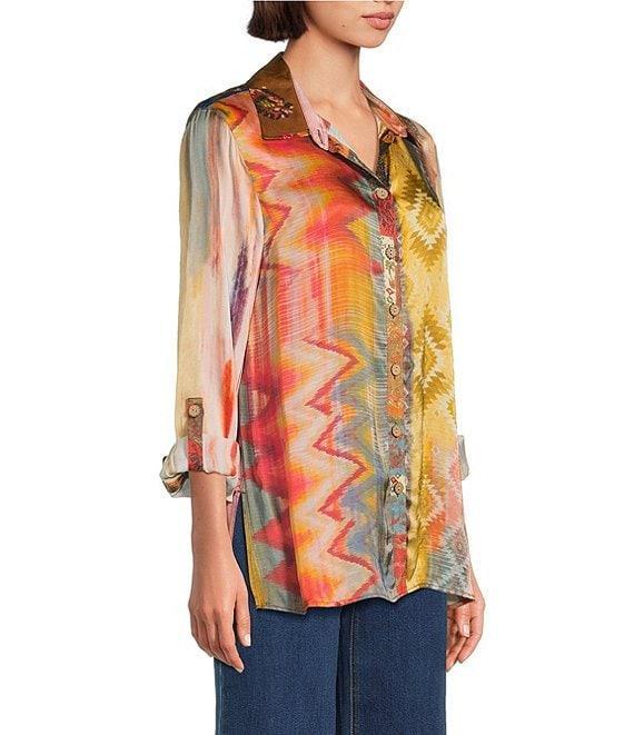 John Mark Petite Size Mixed Multi Print Point Collar Long Roll-Tab Sleeves Button Front Tunic Product Image