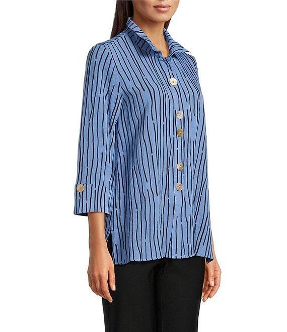 Ali Miles Crinkle Woven Abstract Stripe Wire Collar 3/4 Sleeve Button Front Tunic Product Image