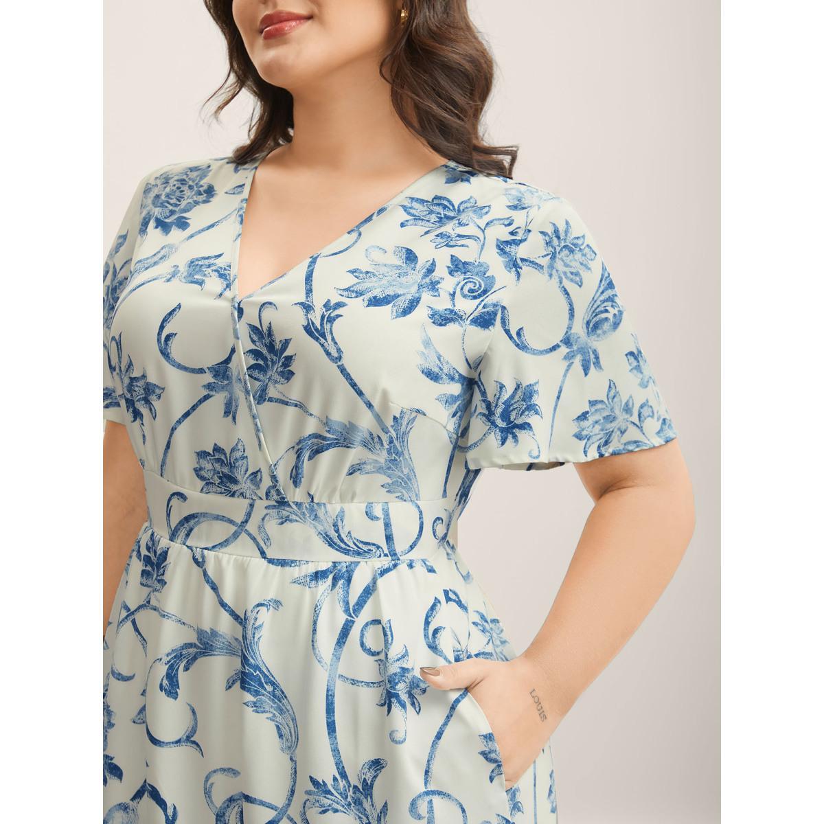 Plus Size Artistic Floral Pattern Surplice Neck Midi Dress Stone Women Overlap Collar Short sleeve Curvy BloomChic 18-20/2X Product Image