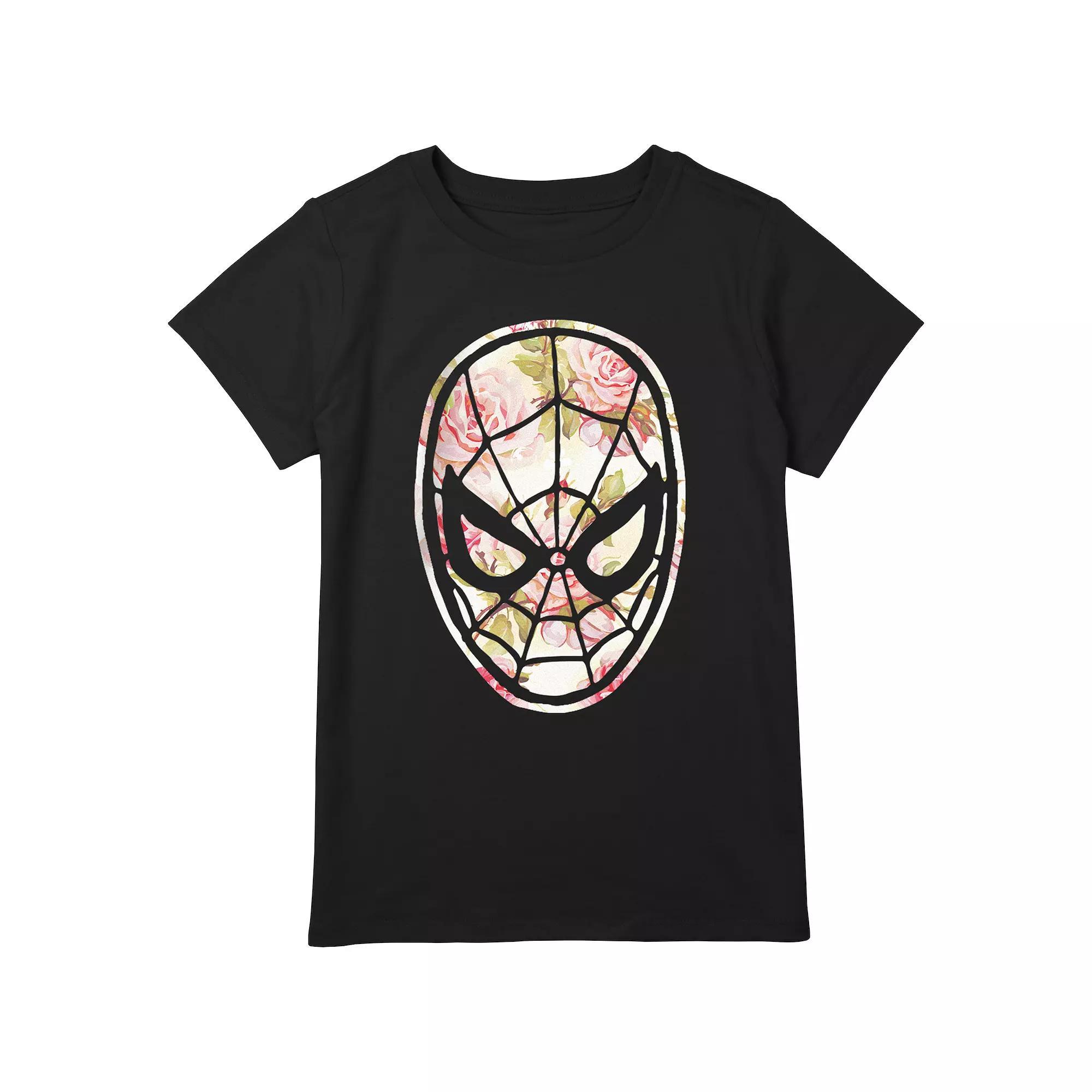 Girls Plus Size Spider-Man Floral Print Mask Graphic Tee, Girl's, Size: Medium PLUS, Black Product Image