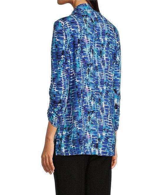 Ali Miles Stretch Abstract Tile Print Collared Neckline 3/4 Ruched Sleeve Tunic Product Image