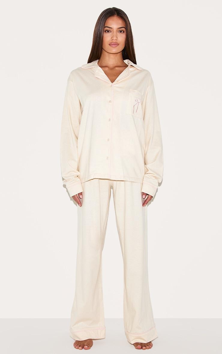 Cream Bow Embroidered Jersey Contrast Piping Long Pj Set Product Image