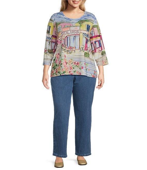 Allison Daley Plus Size Cafe Social Print 3/4 Sleeve Crew Neckline Knit Top Product Image
