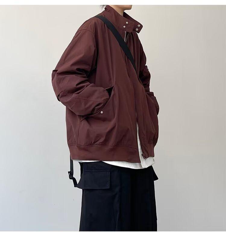 Stand Collar Plain Zip-Up Bomber Jacket Product Image