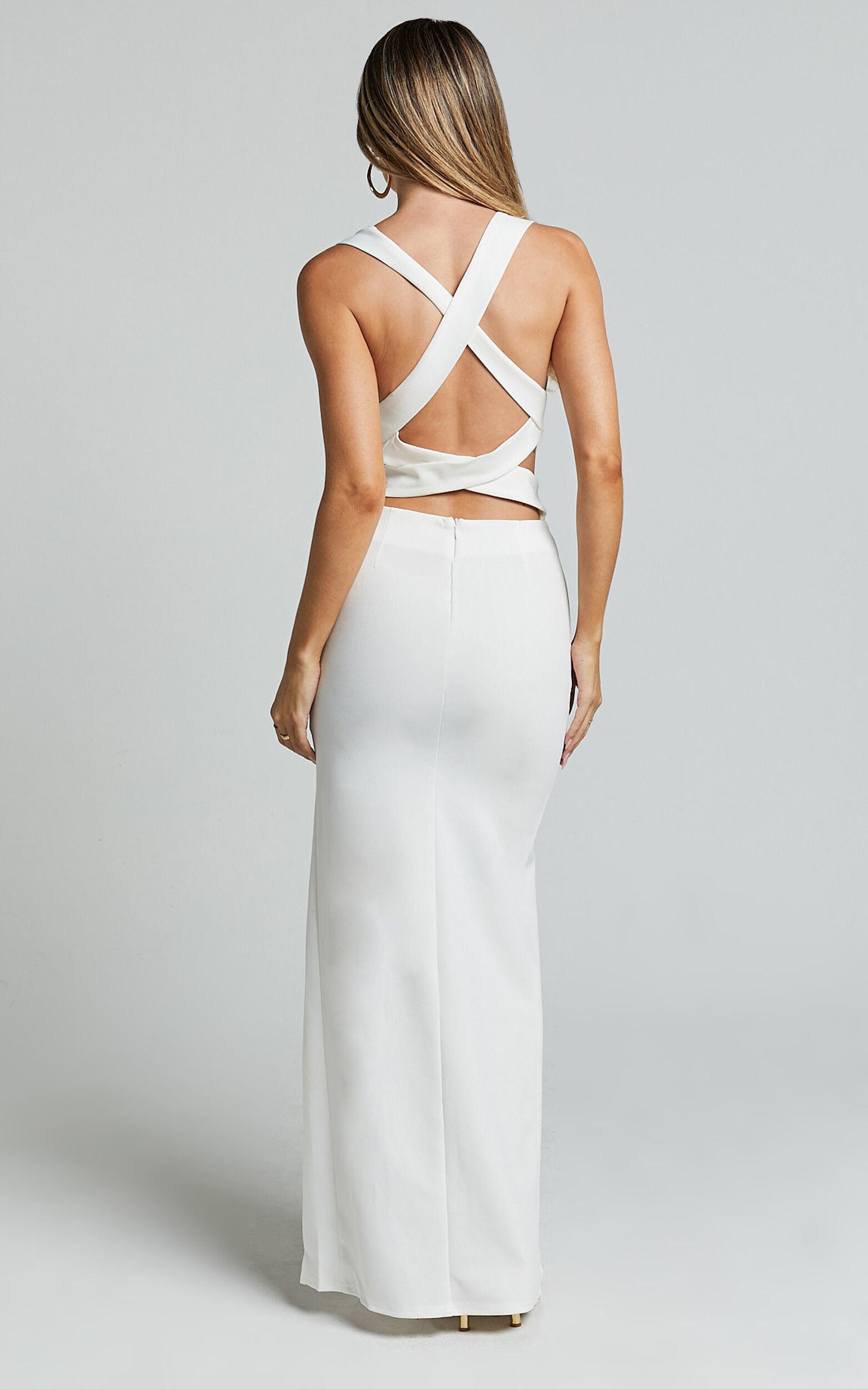 Anjie Midi Dress - Plunge Neck Cross Back Cut Out Dress in White Product Image