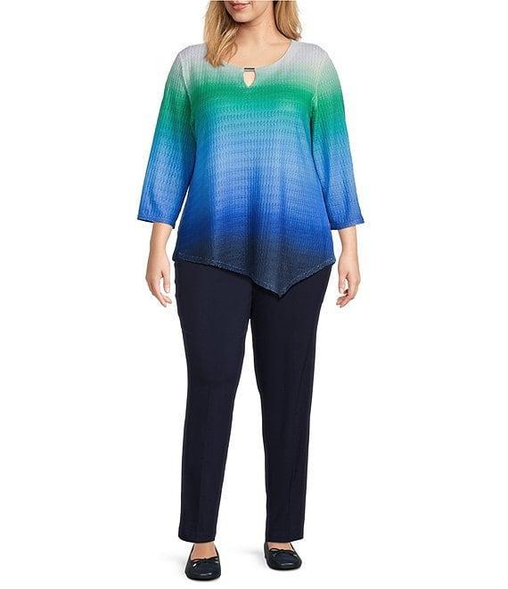 Allison Daley Plus Size Ombre Textured 3/4 Sleeve Keyhole Neck Asymmetric Hem Knit Top Product Image